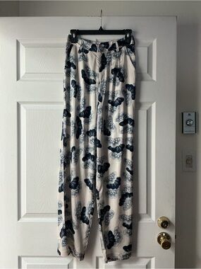 Women's Cream Wide-Leg Trousers with Navy Floral Print